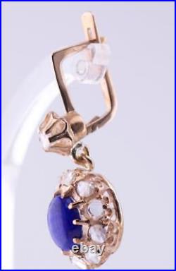 Antique Imperial Russian Faberge Earrings Set 14k Gold 2ct Diamond Lapis-Lazuli