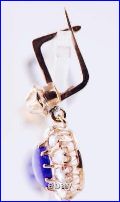 Antique Imperial Russian Faberge Earrings Set 14k Gold 2ct Diamond Lapis-Lazuli
