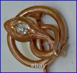 Antique Imperial Russian Faberge Snake Brooch Tie Pin 14k Gold Diamond Boxed