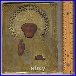 Antique Imperial Russian Icon Silver and gold plated St NIKOLAY Original (7006)
