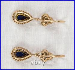 Antique Russian 14K Gold Sapphire Diamond Pear Drop Pre-1917 Imperial Earrings