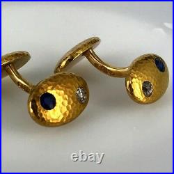 Antique Russian Diamond and Sapphire Textured Gold Cuff links, Moscow 1908