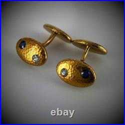 Antique Russian Diamond and Sapphire Textured Gold Cuff links, Moscow 1908