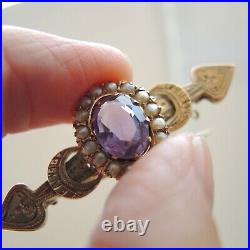 Antique Russian Imperial 56 Gold Brooch Amethyst Pearl Signed Engrave 14k Moscow
