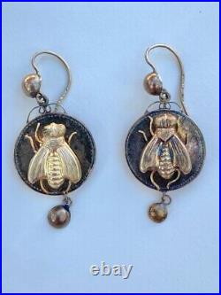 Antique Russian Imperial 56 gold fly earrings bee insect bug USSR Soviet