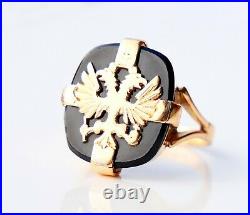 Antique Russian Imperial Eagle Signet Ring Onyx solid 18K Gold Ø 5.25 US / 4.9 g
