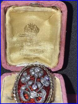 Antique Russian Imperial? Enamel 14ct Yellow gold dimonds ring In Original Box