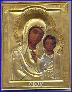 Antique Russian Imperial Icon Sterling Silver Gold Plated Kazanskaya (#2901x)