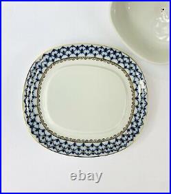 Antique Russian Imperial Lomonosov Porcelain Butter Dish Cobalt Net Blue/gold