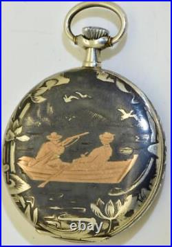 Art-Nouveau Antique Silver Gold Niello Pocket Watch for Imperial Russian Market