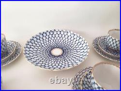 Authentic Lomonosov Russian Cobalt Blue & Gold Net Porcelain Tea Set 14pcs