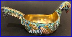 Big Antique Imperial Russian Gilded 84 Sterling Silver and Enamel Kovsh