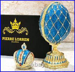 Blue Faberge Egg style Trinket Fabergé Austrian Crystal Diamond Pure Gold Decor