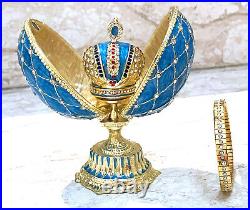 Blue Faberge Egg style Trinket Fabergé Austrian Crystal Diamond Pure Gold Decor