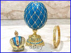 Blue Faberge Egg style Trinket Fabergé Austrian Crystal Diamond Pure Gold Decor