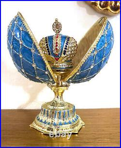 Blue Faberge Egg style Trinket Fabergé Austrian Crystal Diamond Pure Gold Decor