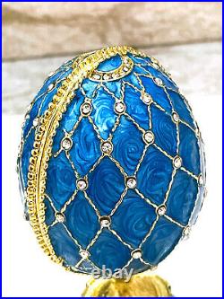 Blue Faberge Egg style Trinket Fabergé Austrian Crystal Diamond Pure Gold Decor