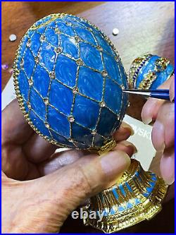 Blue Faberge Egg style Trinket Fabergé Austrian Crystal Diamond Pure Gold Decor