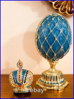 Blue Faberge Egg style Trinket Fabergé Austrian Crystal Diamond Pure Gold Decor