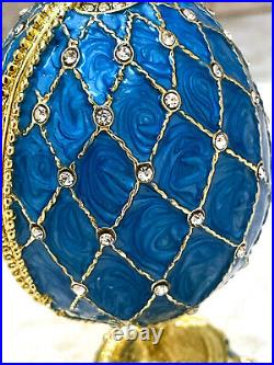 Blue Faberge Egg style Trinket Fabergé Austrian Crystal Diamond Pure Gold Decor