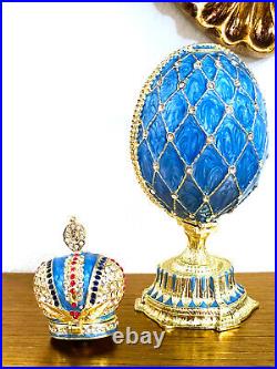 Blue Faberge Egg style Trinket Fabergé Austrian Crystal Diamond Pure Gold Decor