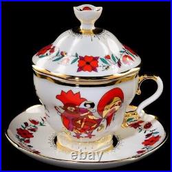 Cup with Lid and Saucer Red Rooster Russian Imperial Lomonosov Porcelain