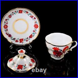 Cup with Lid and Saucer Red Rooster Russian Imperial Lomonosov Porcelain