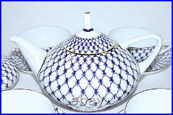 EXCLUSIVE Russian Imperial Lomonosov Porcelain Tea set Cobalt Net 6/14 22K Gold