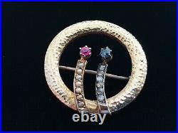 FABERGE Brooch Pin Imperial Russian Gold 56 Ruby Sapphire Seed Pearl Diamond 14K