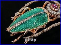 FABERGE Era Russian Brooch Pin Gold Guilloche Enamel Beetle Romanov Jewelry Tsar