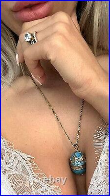 Fabergé egg Necklace Locket Blue gift for her + Aquamarine bracelet 24k GOLD HMD