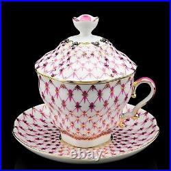 Gold Pink Net Cup with Lid and Saucer Russian Imperial Lomonosov Porcelain