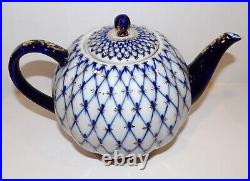 Gorgeous Lomonosov Russian Imperial Porcelain Cobalt Net Gold 7 1/8 Teapot