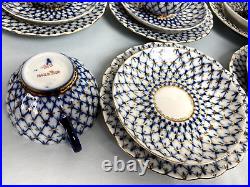 IMPERIAL LOMONOSOV USSR Vintage Cobalt Five Tea Cups & Saucers + Dessert Plates