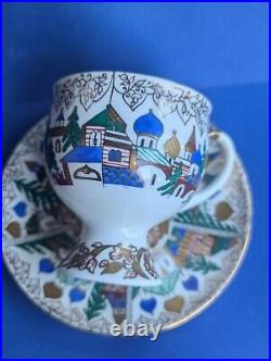 Imperial Lomonosov Porcelain Teacup & saucer Russian City Architecture Signed