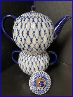 Imperial Porcelain Russian Lomonosov Cobalt Tea Pot 3 cup And Sugar Bowl Set