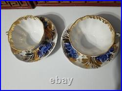 Imperial Porcelain Teacups & Saucers, Golden Garden Blue Bird Pattern, Lomonosov