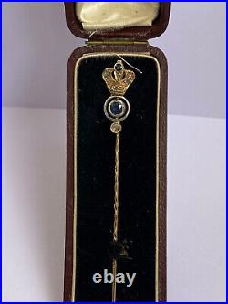 Imperial R. Era Faberge 14k 56 Gold Diamond Sapphire Stick Pin Brooch Crown yel
