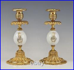 Imperial Russian Antique Pair Gilt Bronze Candleholders Porcelain Easter Eggs