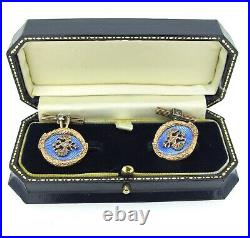 Imperial Russian Double Eagle Faberge Inspired Cufflinks 14k Gold 56 Blue Enamel