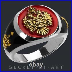 Imperial Russian Eagle Ring St George Russia Crown Silver 925 24K-Gold-Plated
