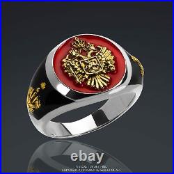 Imperial Russian Eagle Ring St George Russia Crown Silver 925 24K-Gold-Plated