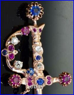 Imperial Russian Faberge 14k Gold, Diamonds, Sapphires, Ruby tie pin brooch c1890's