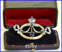 Imperial Russian Faberge 14k Gold, Diamonds&Sapphires crown brooch c1890. Boxed