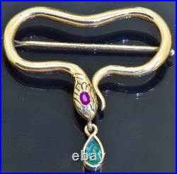 Imperial Russian Faberge 14k Gold, Ruby&Emerald SNAKE brooch in original box, 1890