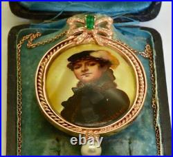Imperial Russian Faberge 18k Gold, Diamonds, Emerald, hand painted brooch/pendant