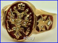 Imperial Russian Faberge 56 red gold, enamel, Diamonds officer's award ring c1890s