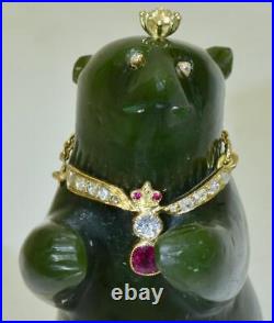 Imperial Russian Faberge Bear Figure Jewelled Nephrite Gold 1ct Diamonds Ruby
