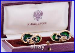 Imperial Russian Faberge Dragon Cufflinks 14k Gold Enamel Diamond c1900's Boxed
