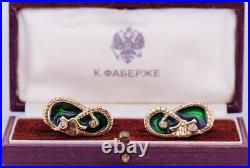 Imperial Russian Faberge Dragon Cufflinks 14k Gold Enamel Diamond c1900's Boxed